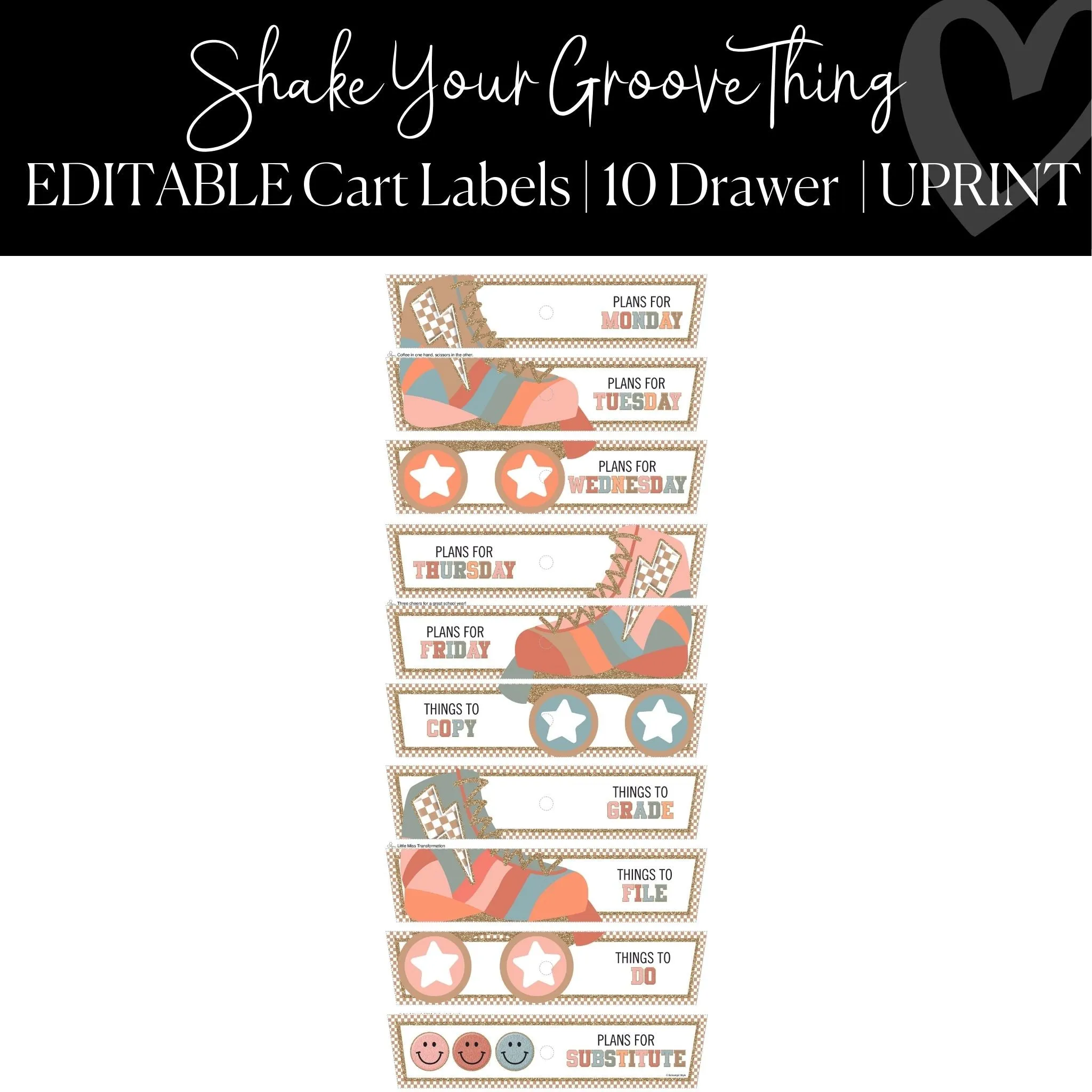 10 Drawer Rolling Cart Labels | Shake Your Groove Thing Classroom Decor | UPRINT | Schoolgirl Style