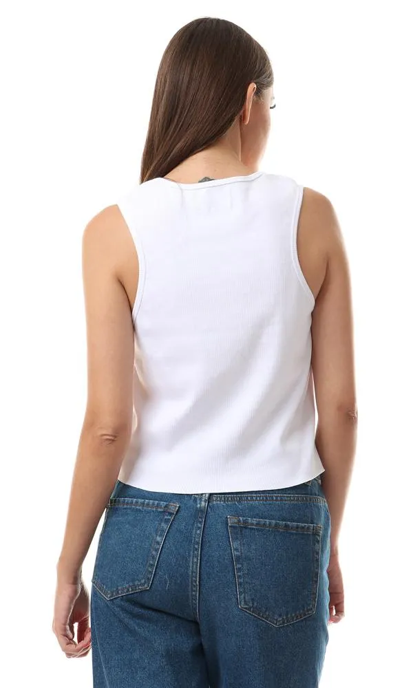 56593 Sleeveless Cropped Ribbed Printed White Top