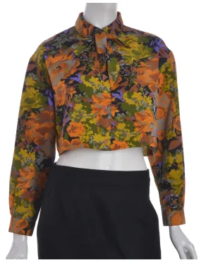 Abstract Pattern Silk Pussy Bow Blouse