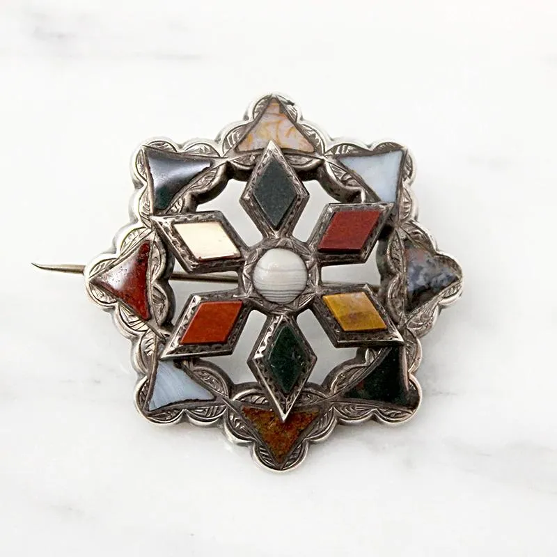 Agate & Silver Snowflake Pebble Brooch