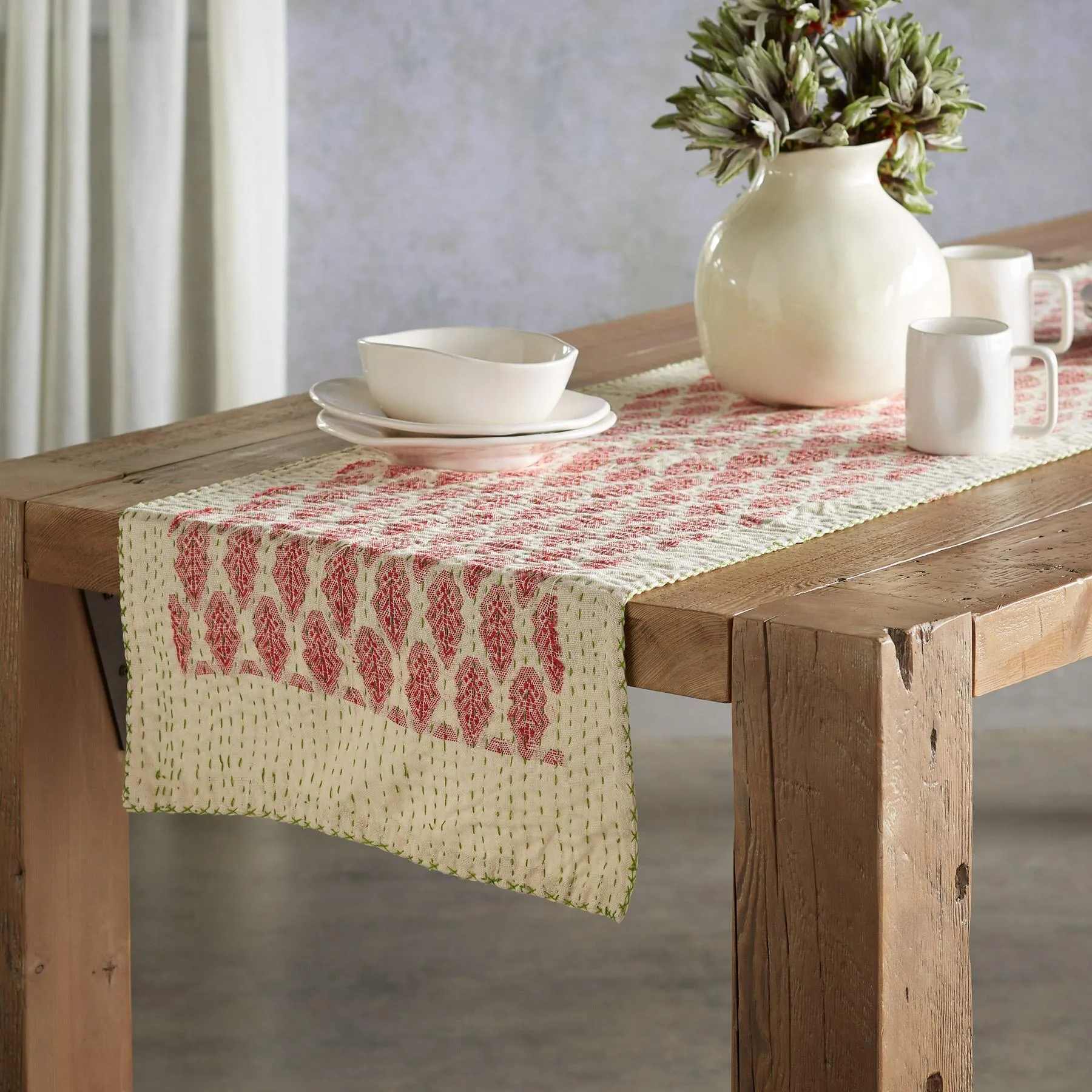 Artisan Hand Loomed Cotton Table Runner - Red with Green Stitching - 18"x96"