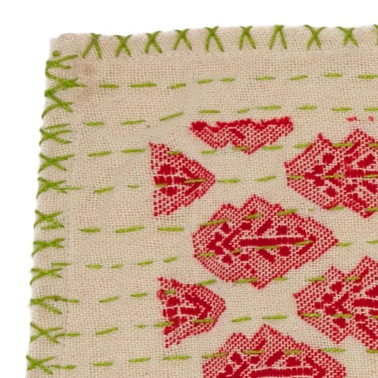 Artisan Hand Loomed Cotton Table Runner - Red with Green Stitching - 18"x96"