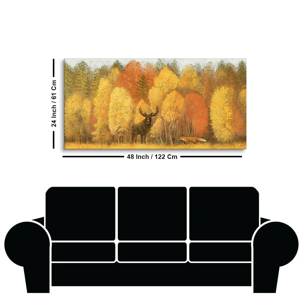 Autumn Foliage with Moose and Fox Premium Canvas Wall Painting