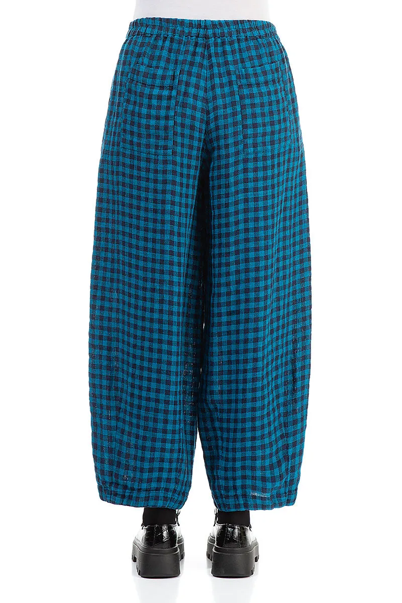 Back Pockets Blue Check Linen Trousers