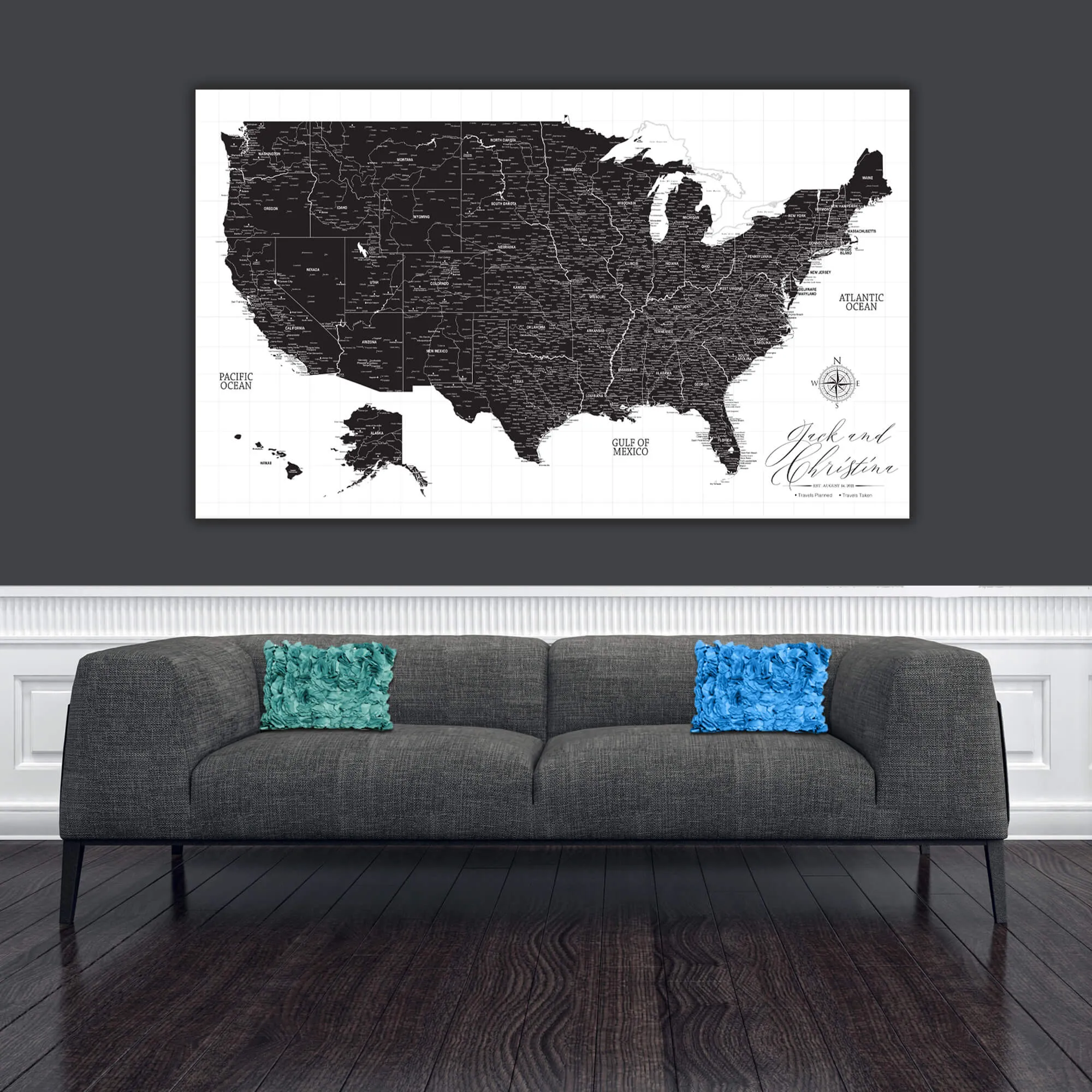 Black & White USA Push Pin Map Single Panel