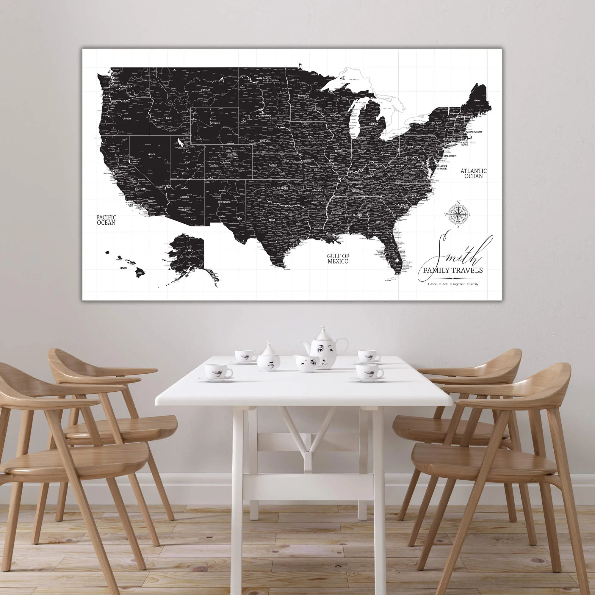 Black & White USA Push Pin Map Single Panel