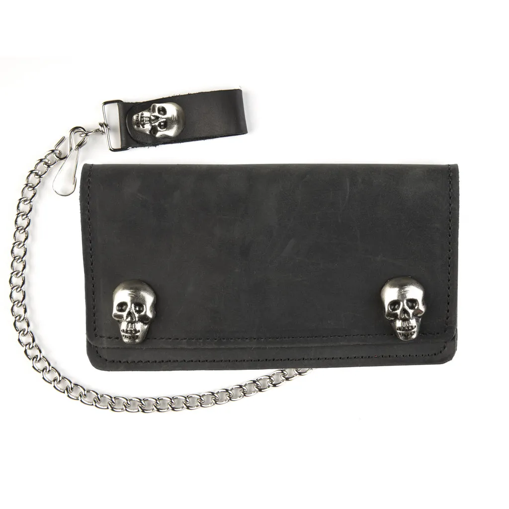 Black Leather 6" Biker Wallet w/ Skull Snaps