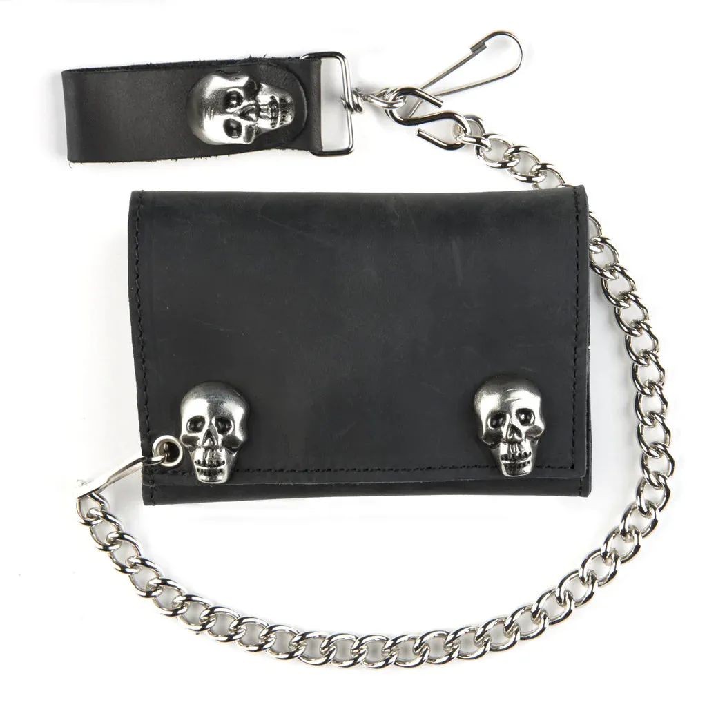 Black Leather Tri-Fold Wallet w/ Skull Snaps