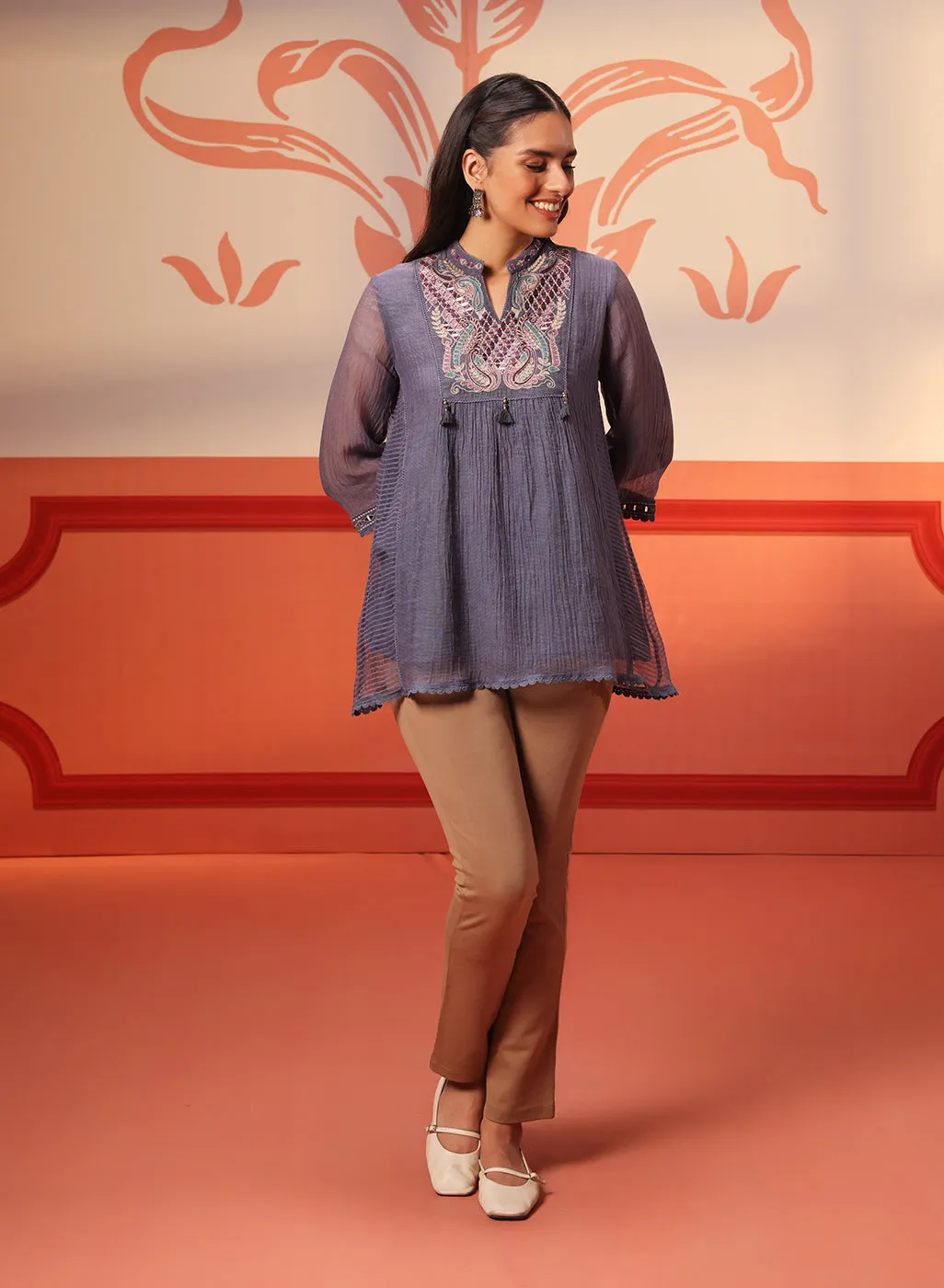 Bushra Iron Grey Embroidered Striped Chanderi Top for Women