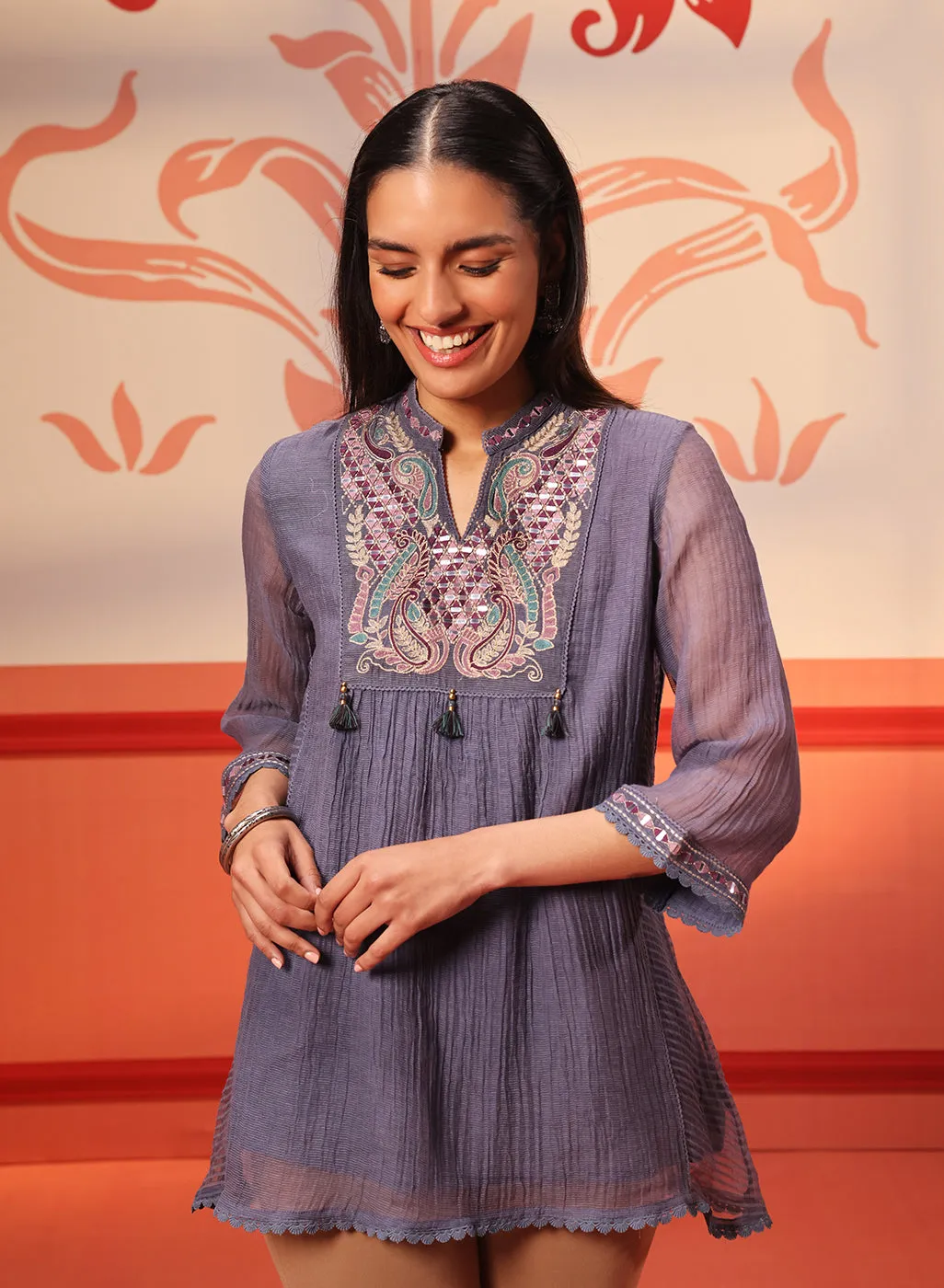 Bushra Iron Grey Embroidered Striped Chanderi Top for Women