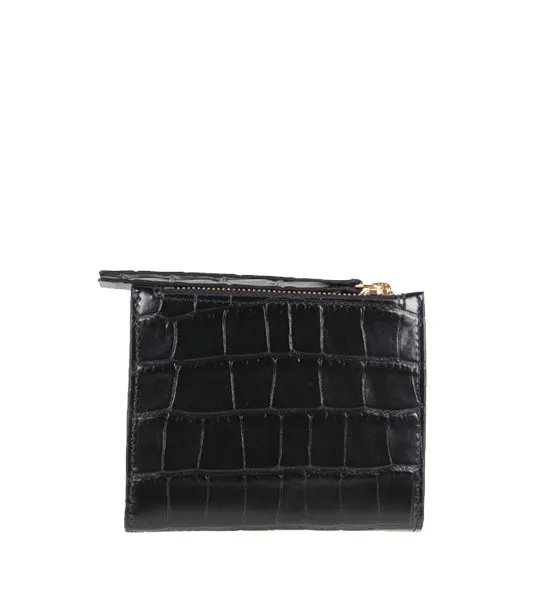 Compact Bi Fold Wallet Croc, Black/Gold