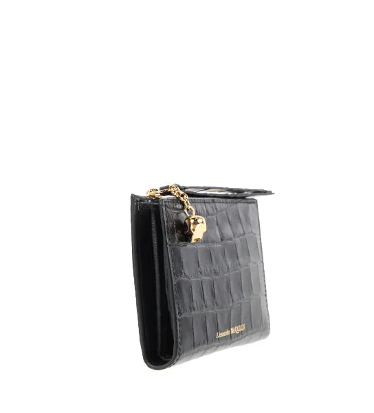 Compact Bi Fold Wallet Croc, Black/Gold