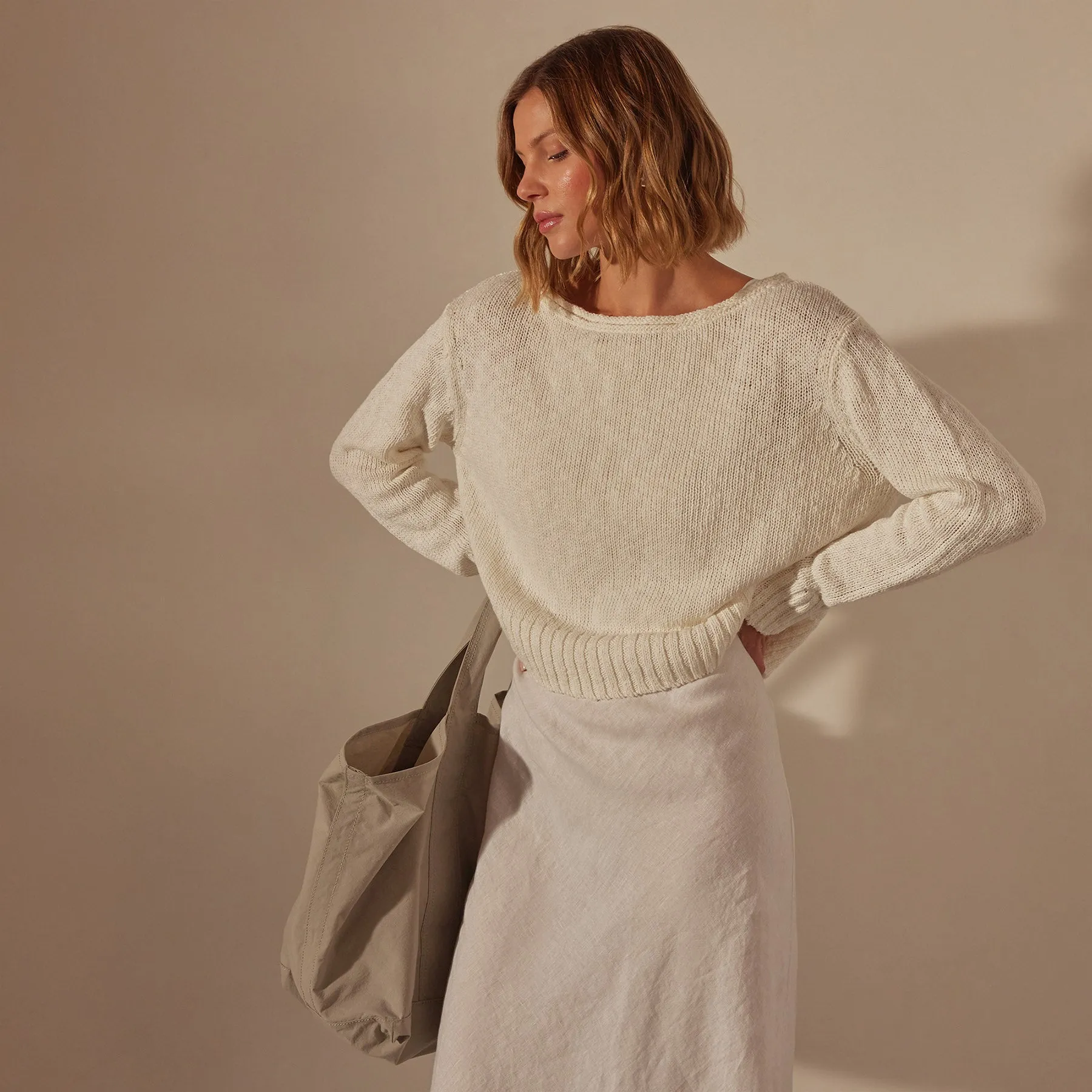 Cotton Linen Boatneck Sweater - White