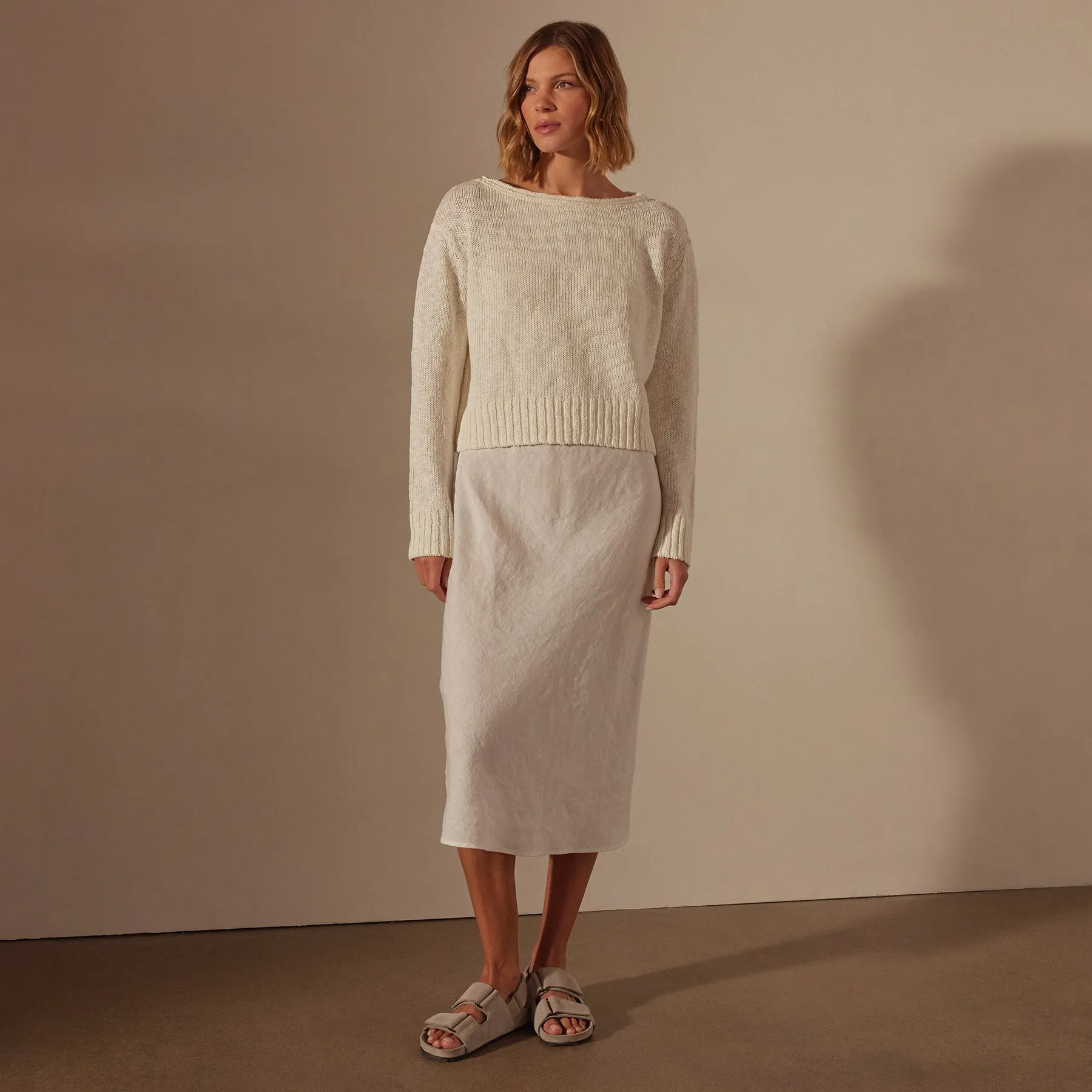 Cotton Linen Boatneck Sweater - White