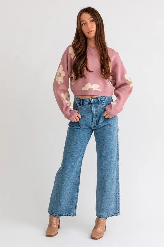 Crop Sweater with Daisy Pattern