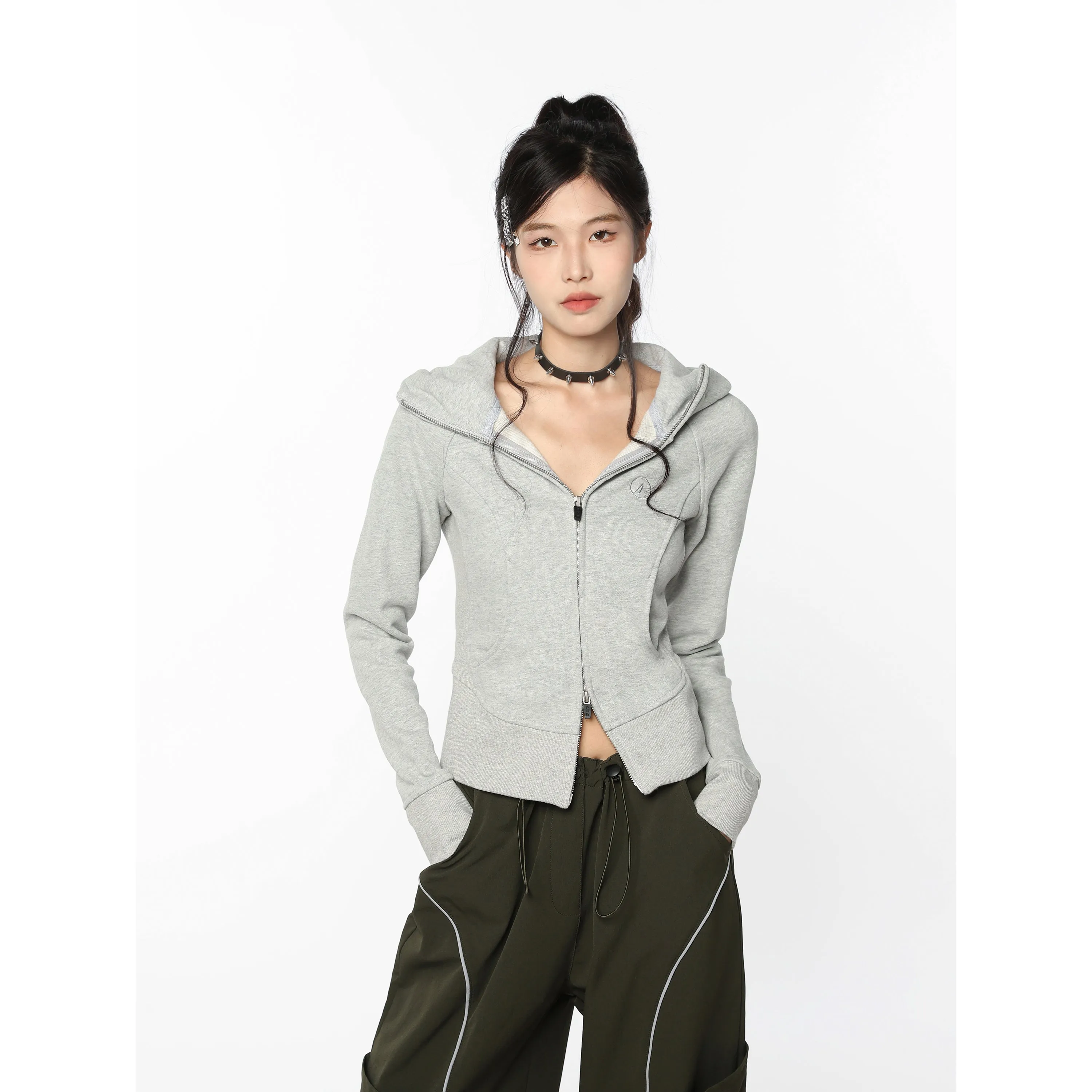 Cropped Zip-up Hoodie with Raw Hem Detail