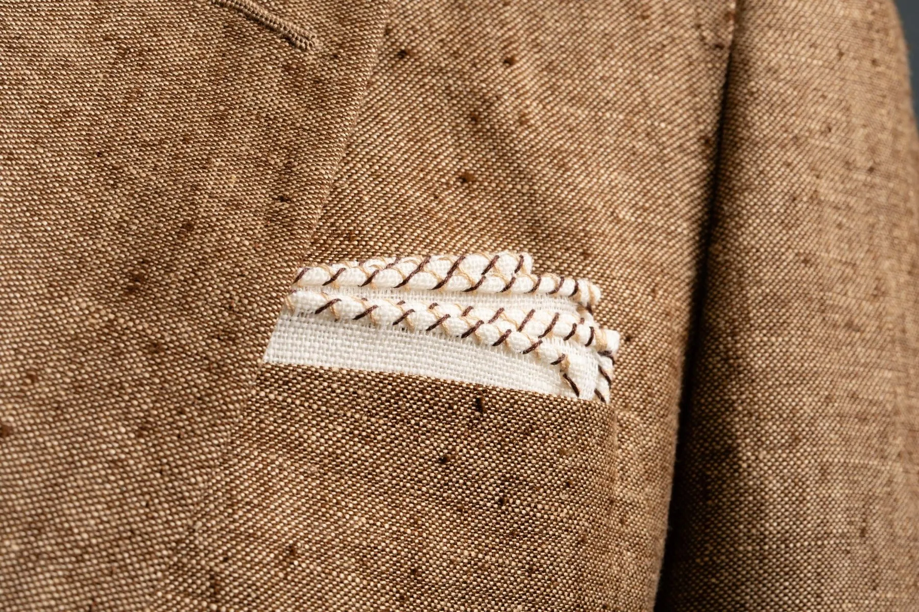 Dark Brown & Beige X-Stitch Cream Linen Pocket Square