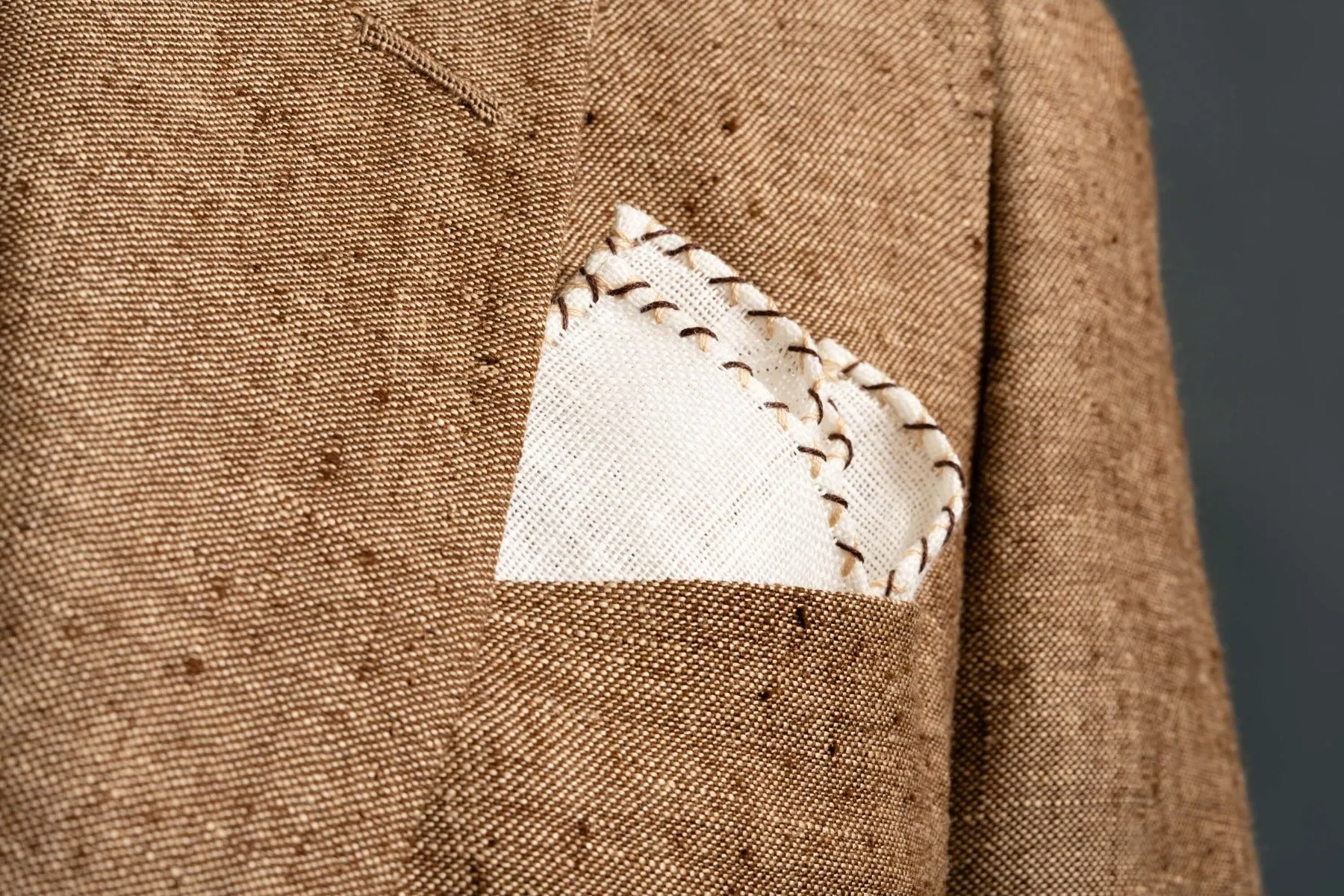 Dark Brown & Beige X-Stitch Cream Linen Pocket Square