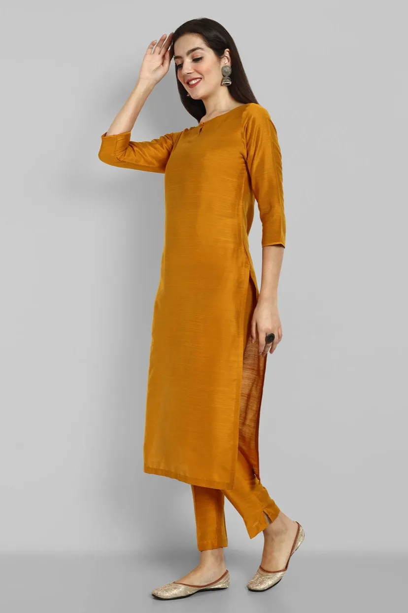 Dark Mustard Cotton Silk Boat Neck Kurta