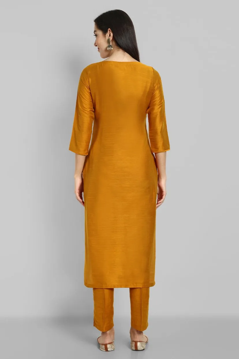 Dark Mustard Cotton Silk Boat Neck Kurta