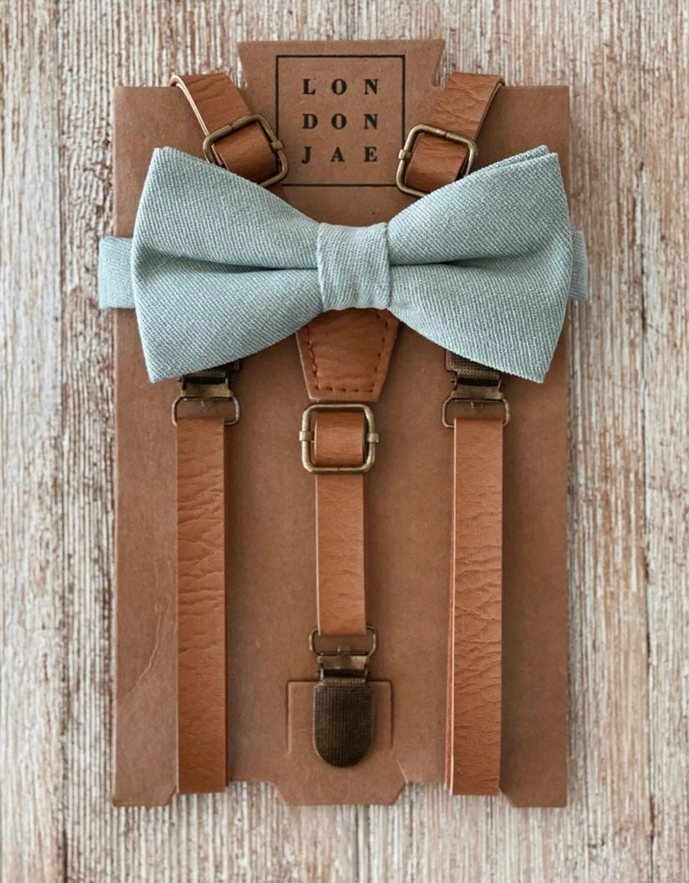 Dusty Sage Bow Tie with Light Brown Faux Leather Suspenders  (1/2" Skinny width)