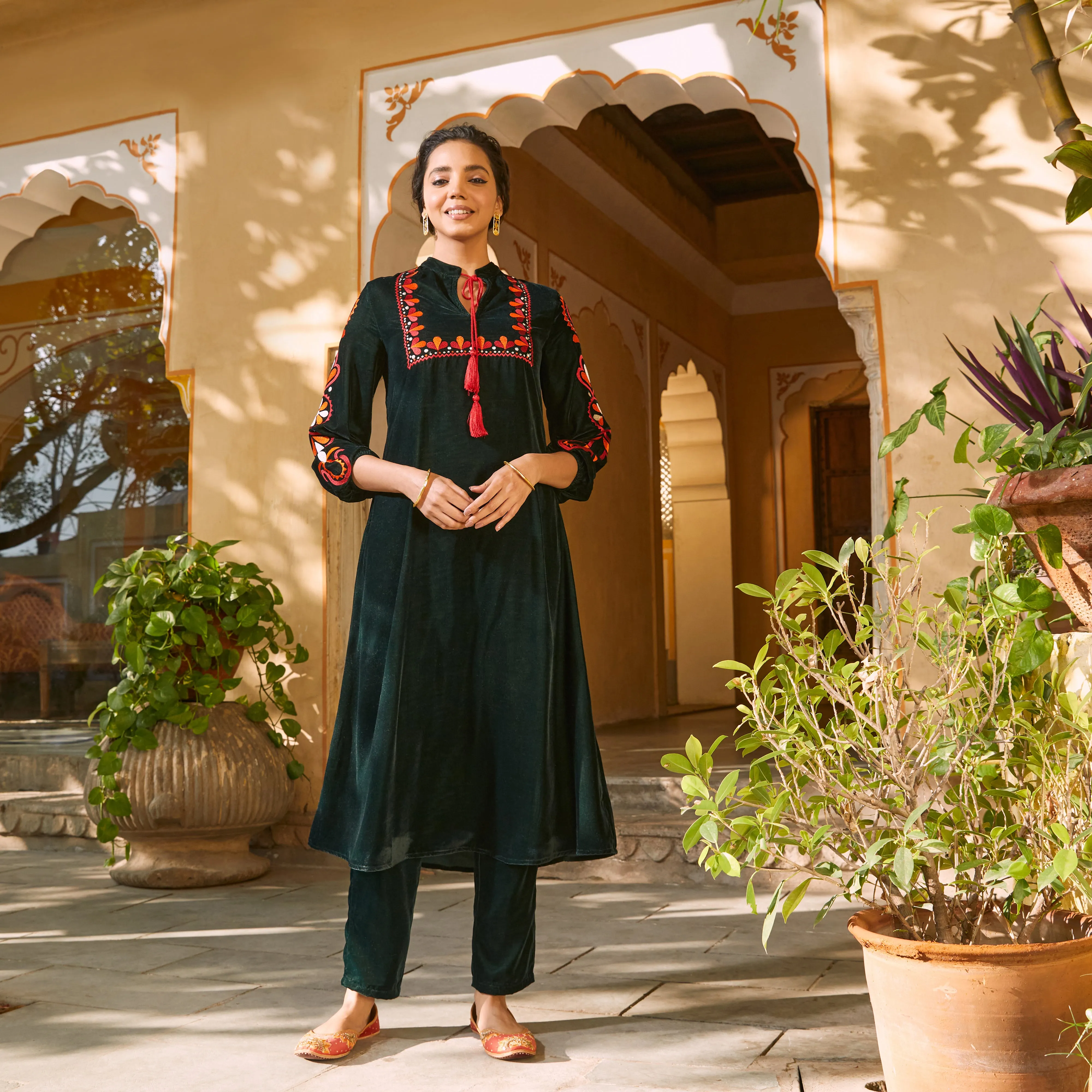 Emerald Green Velvet A-Line Embroidered Kurta