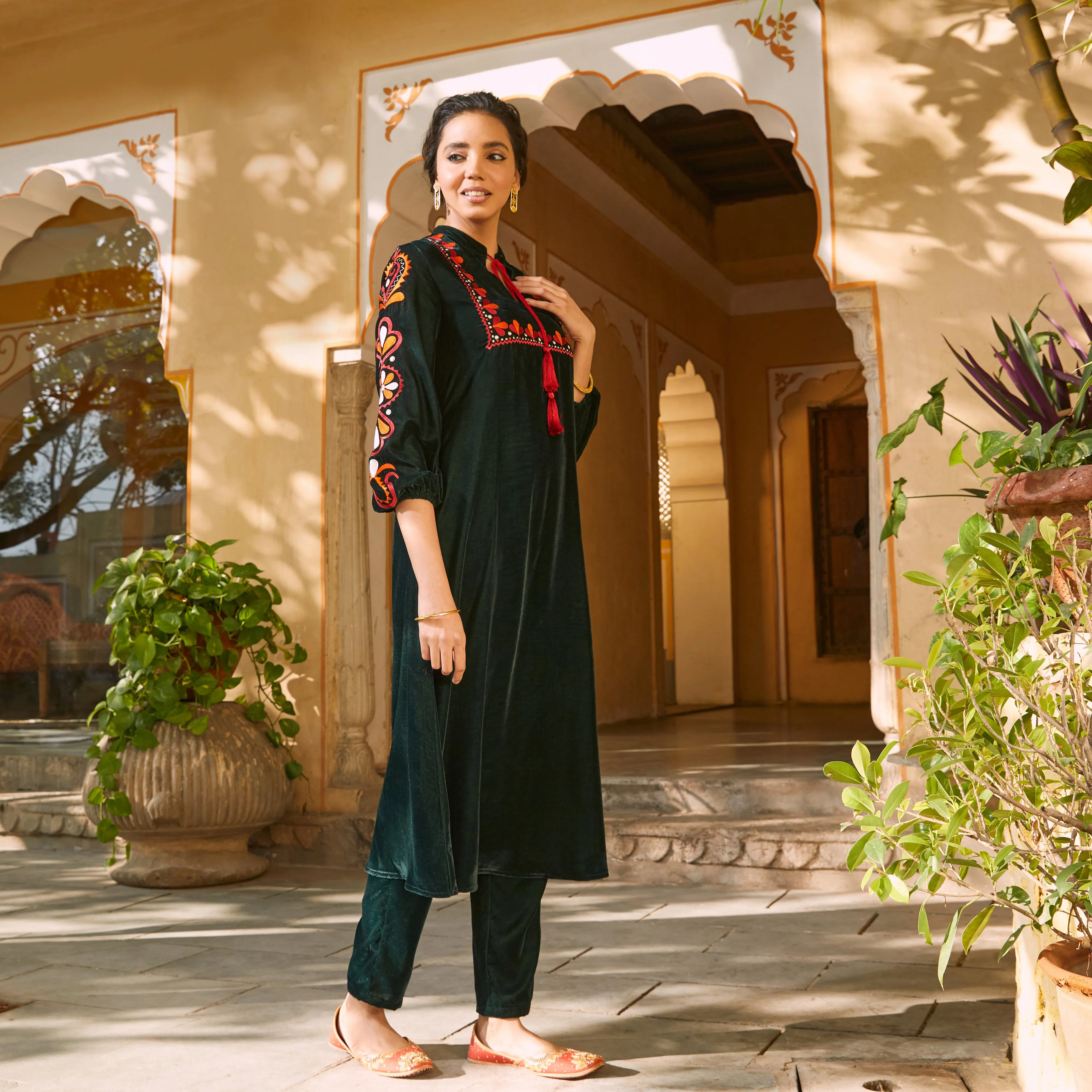 Emerald Green Velvet A-Line Embroidered Kurta