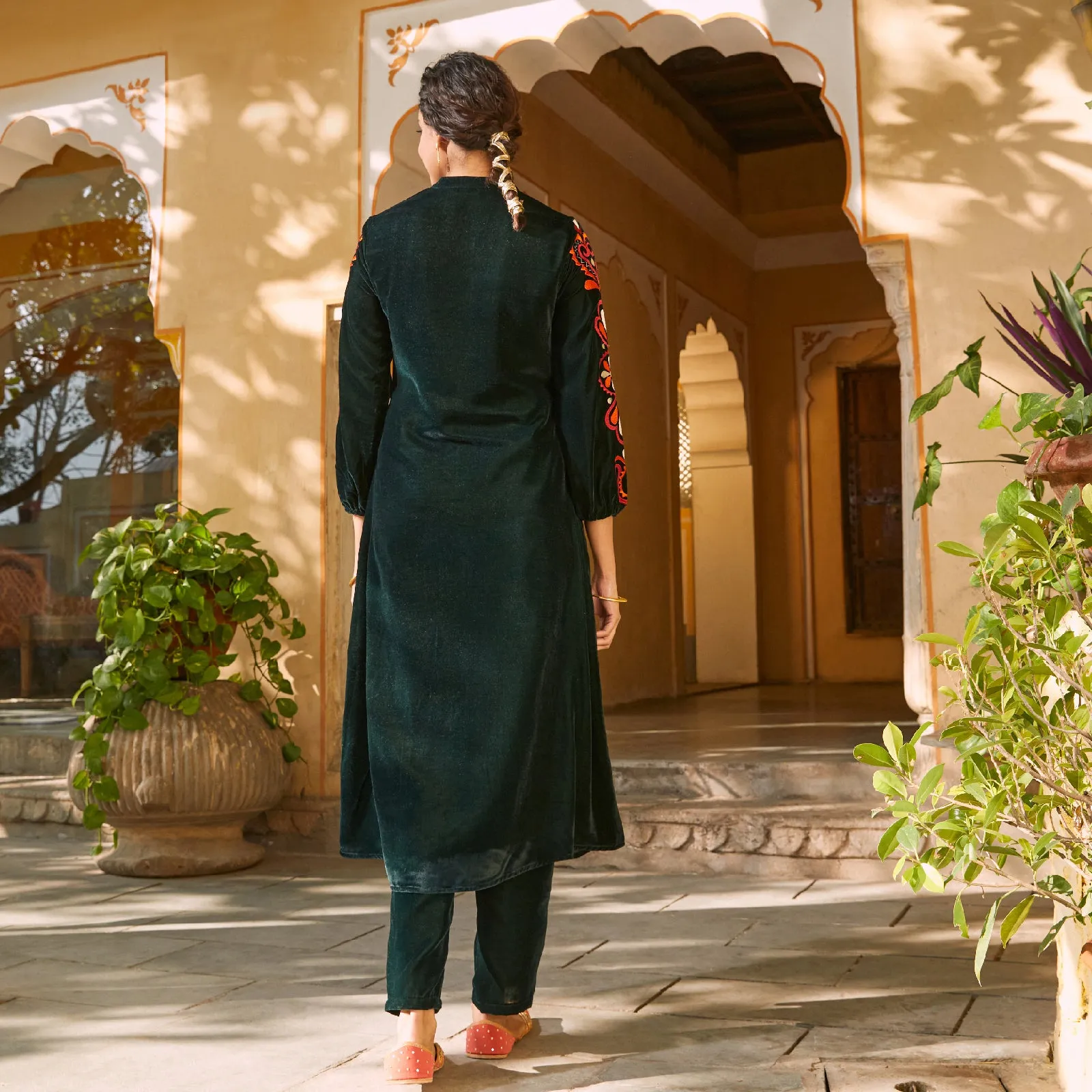 Emerald Green Velvet A-Line Embroidered Kurta