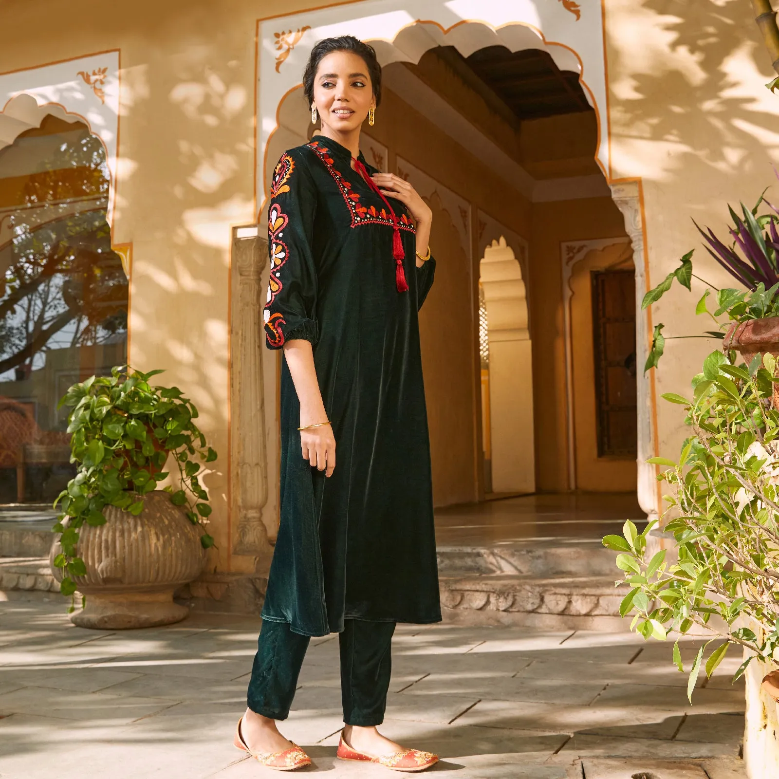 Emerald Green Velvet A-Line Embroidered Kurta