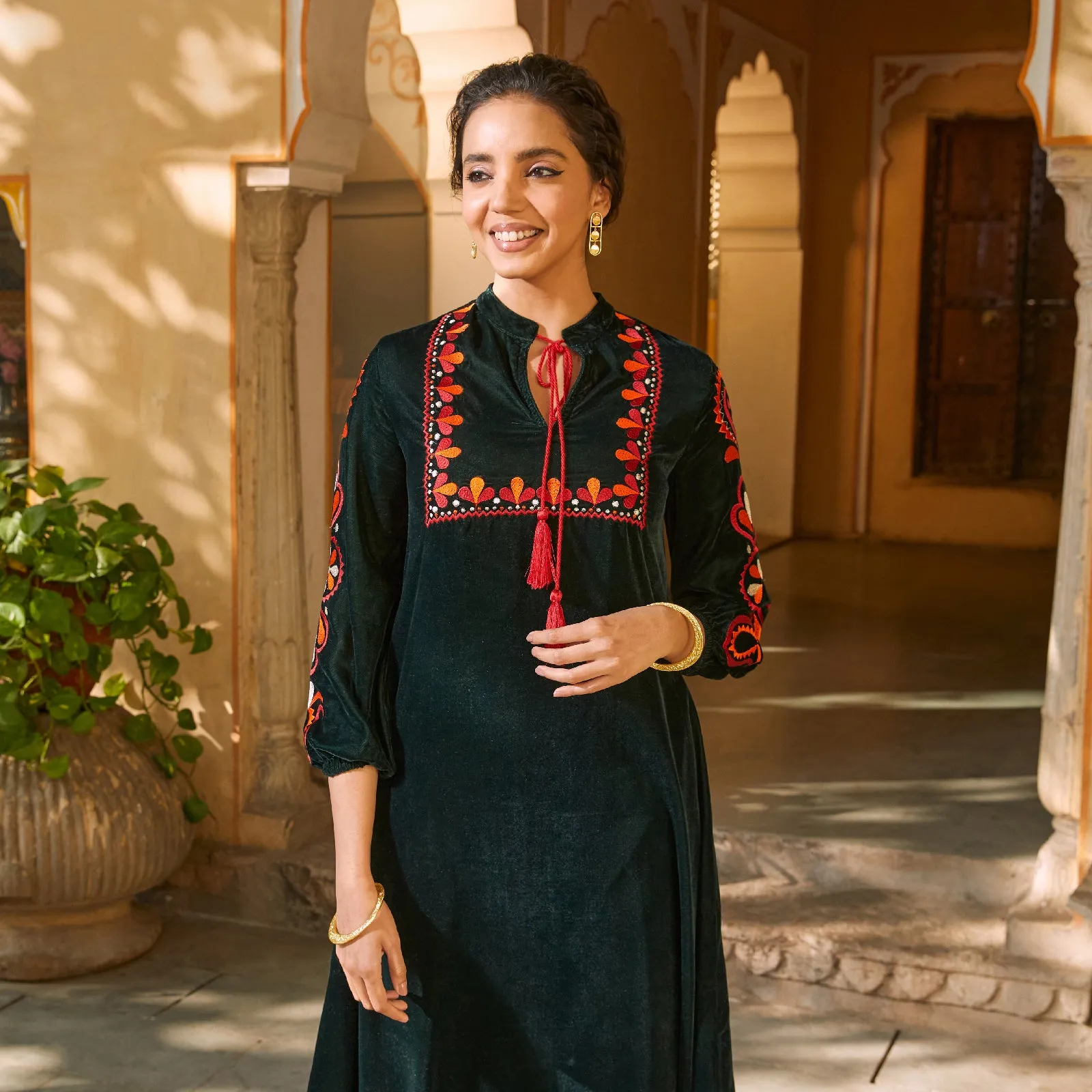 Emerald Green Velvet A-Line Embroidered Kurta