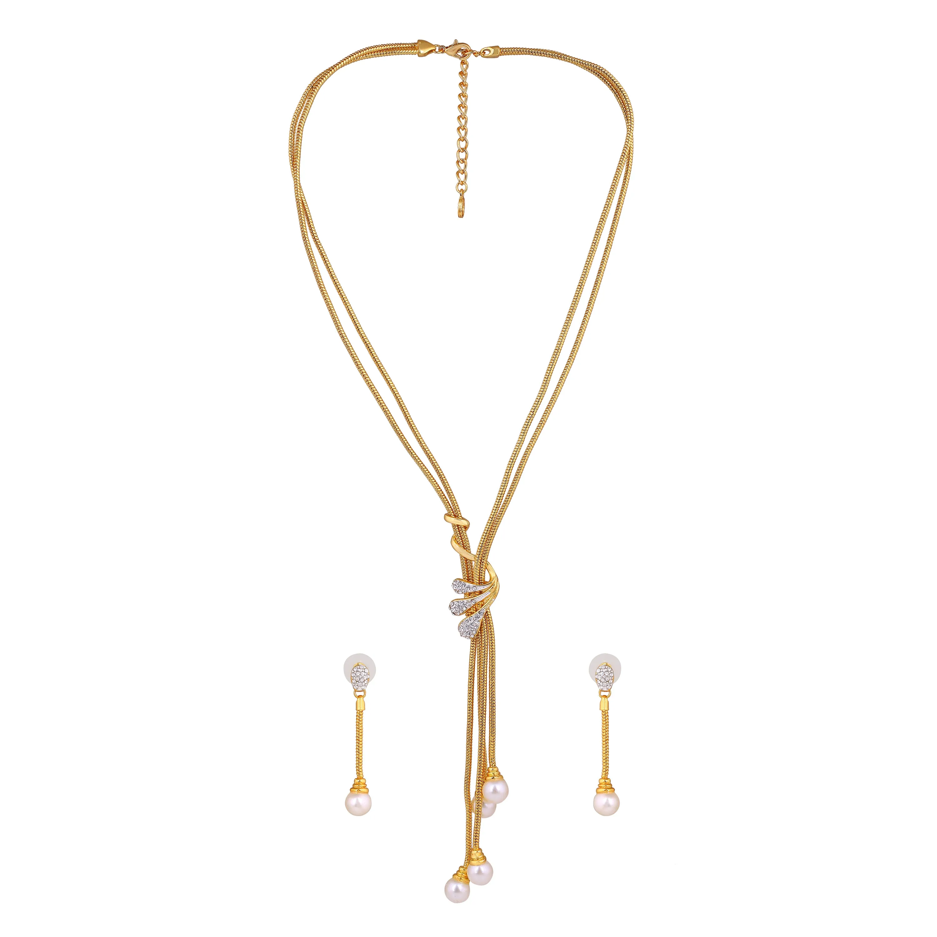 Estele - 24 CT gold plated trendy Pearl Tassel Necklace set