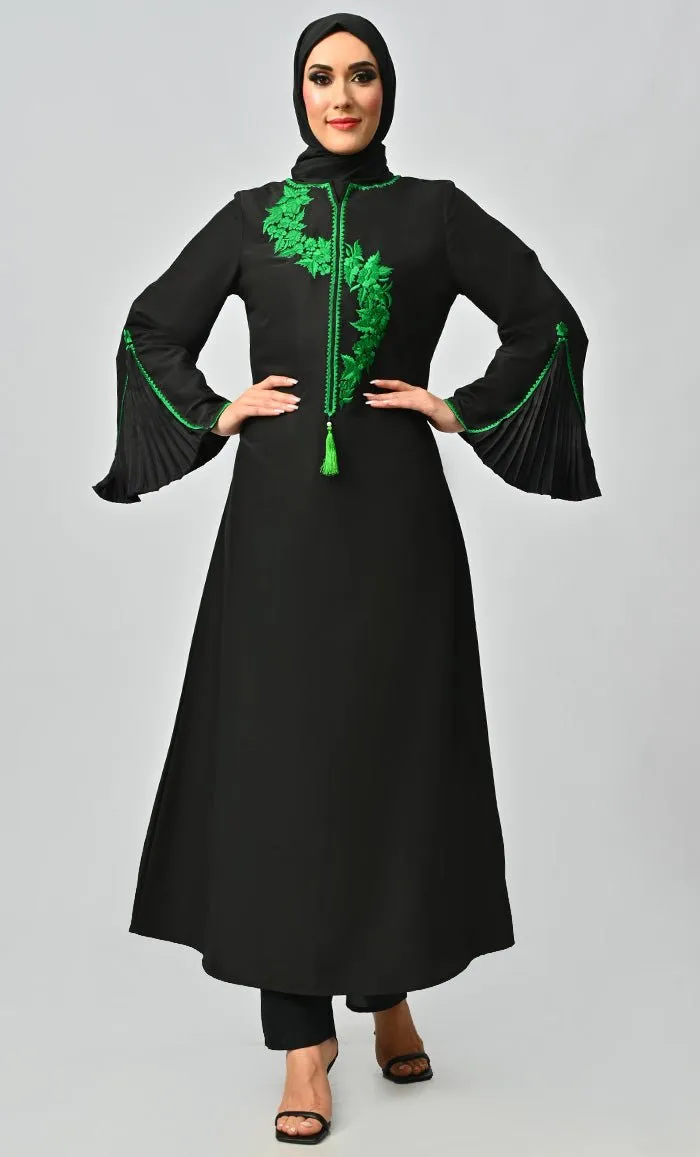 Fara Green Islamic Embroidered Abaya With Front Tassel And Bell Sleeves