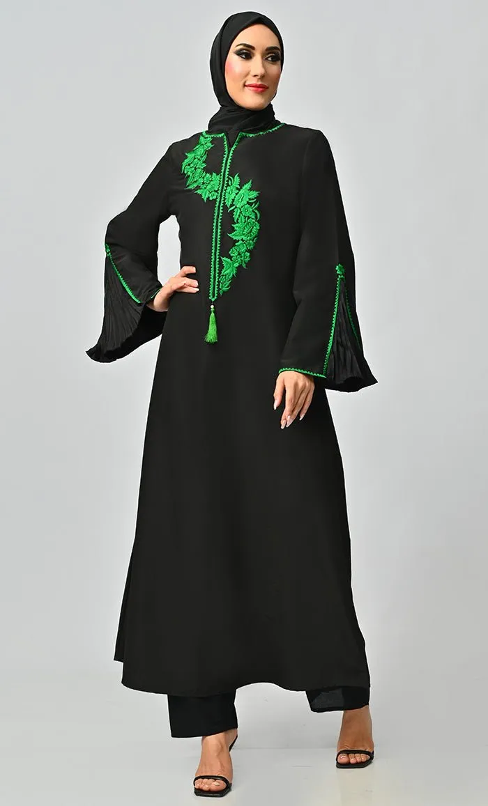 Fara Green Islamic Embroidered Abaya With Front Tassel And Bell Sleeves