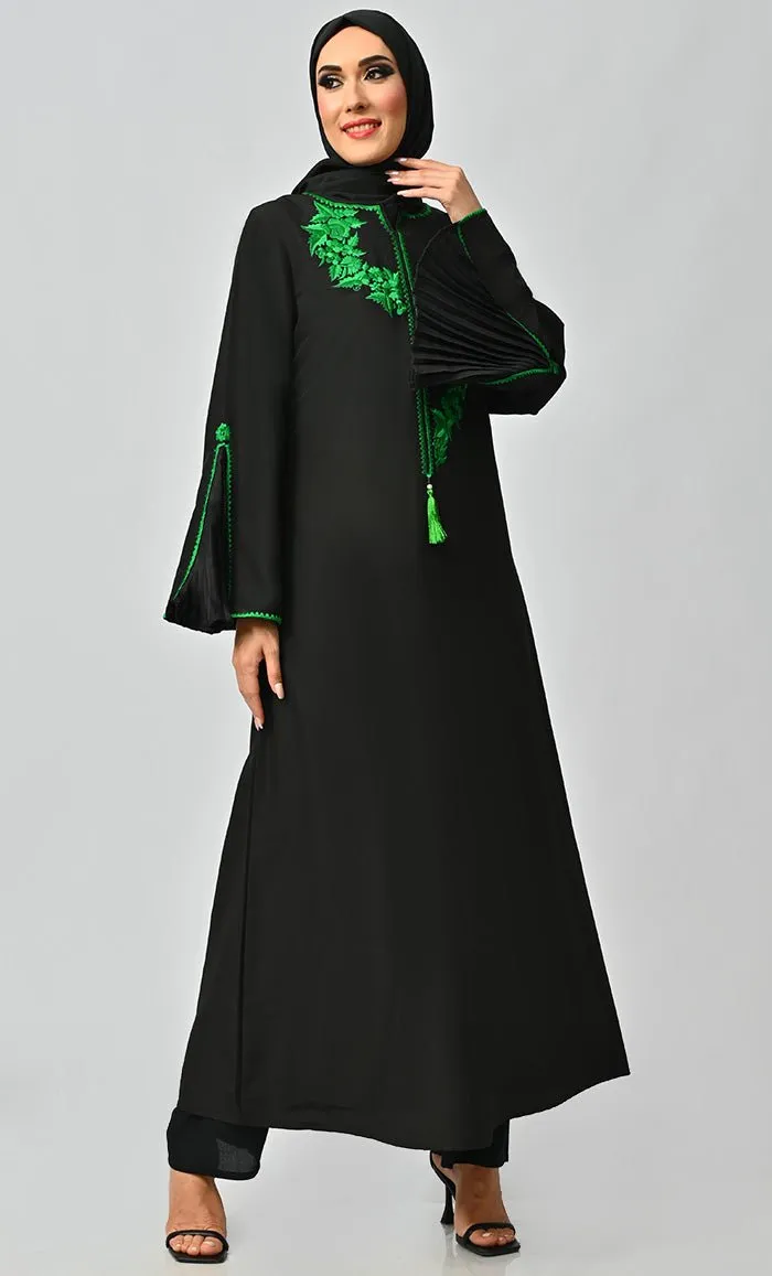 Fara Green Islamic Embroidered Abaya With Front Tassel And Bell Sleeves