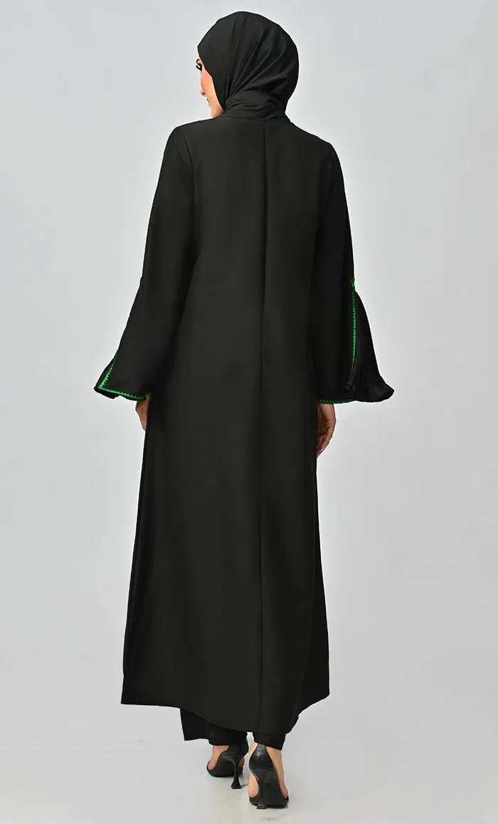 Fara Green Islamic Embroidered Abaya With Front Tassel And Bell Sleeves