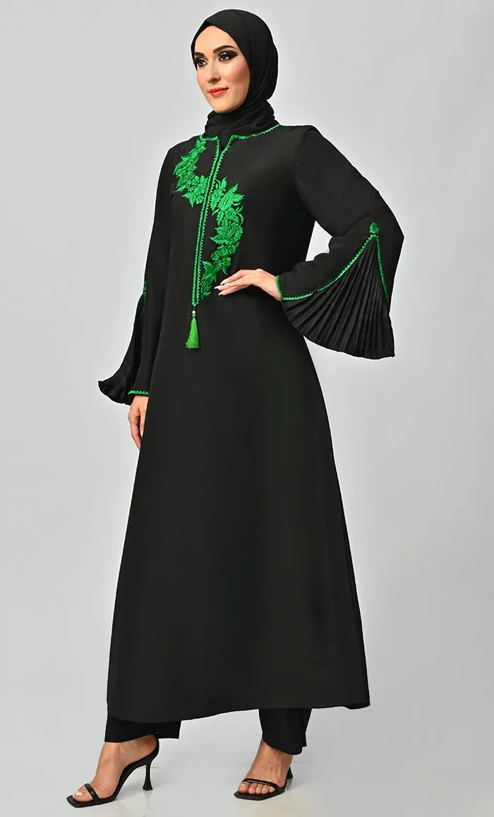 Fara Green Islamic Embroidered Abaya With Front Tassel And Bell Sleeves