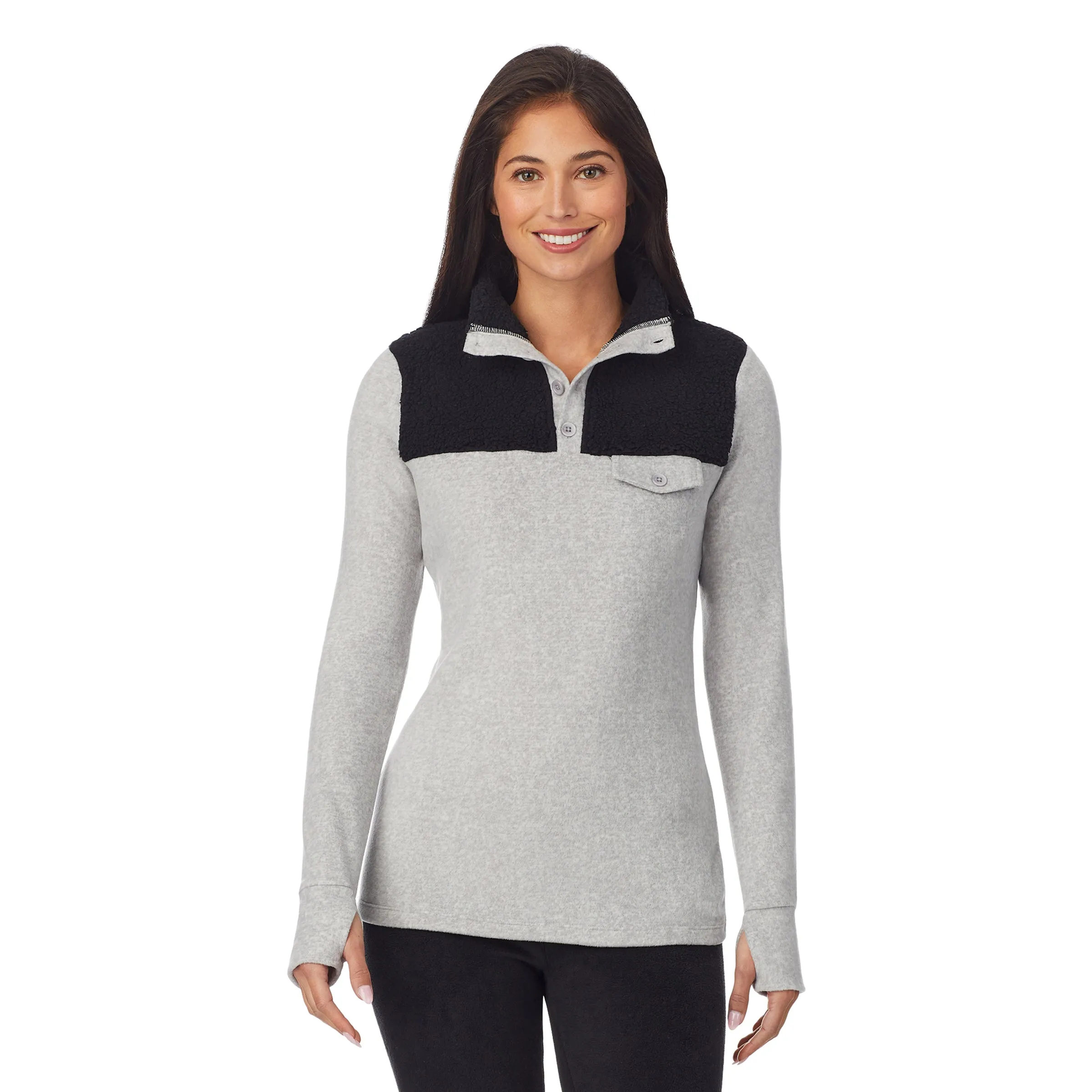 Fleecewear With Stretch Long Sleeve Mock Neck Henley With Sherpa