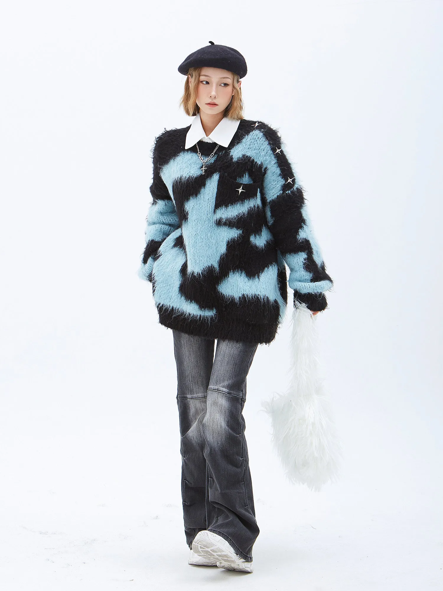 Fuzzy Abstract Oversized Mohair Sweater with Star Accessory