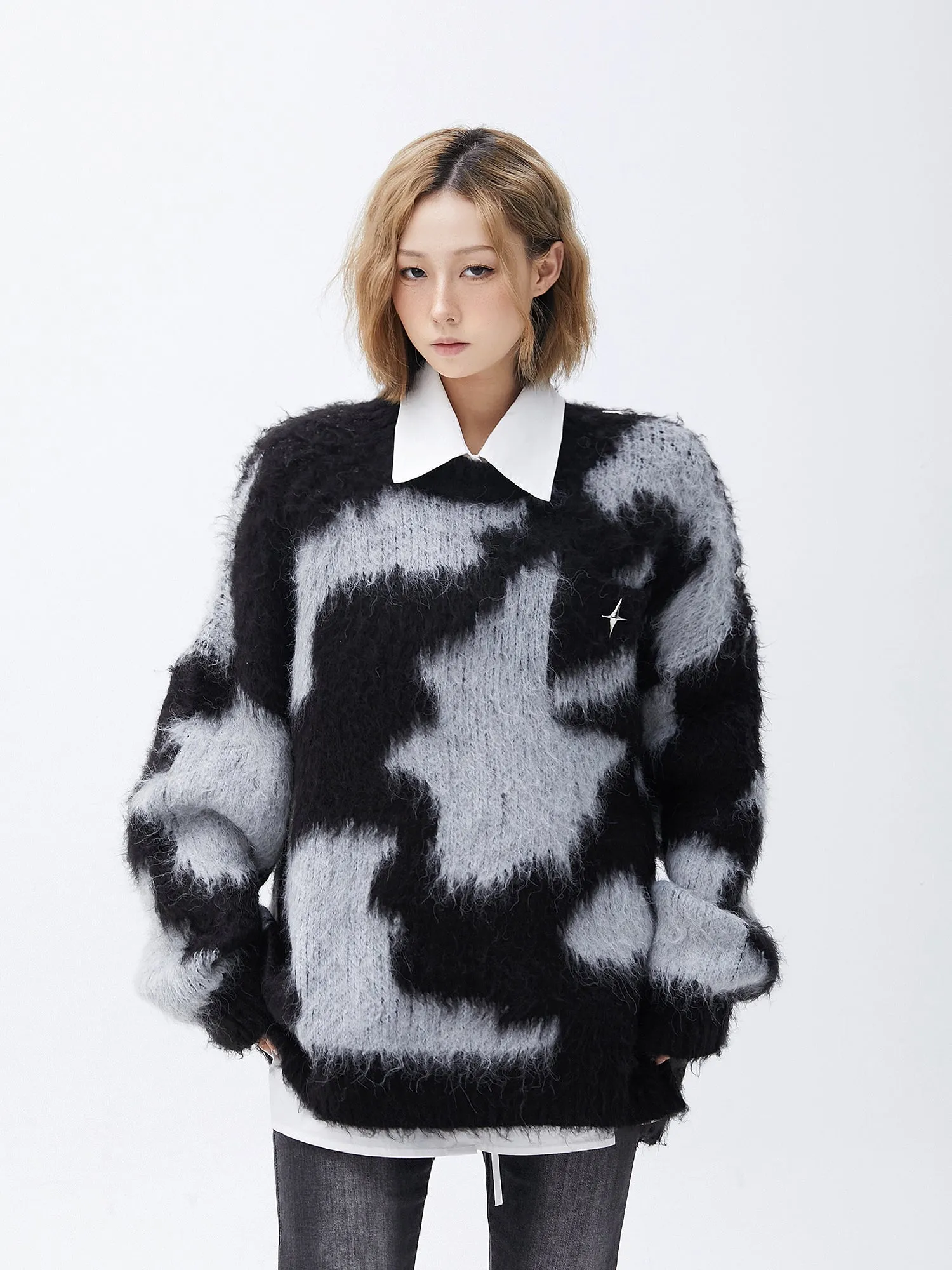 Fuzzy Abstract Oversized Mohair Sweater with Star Accessory