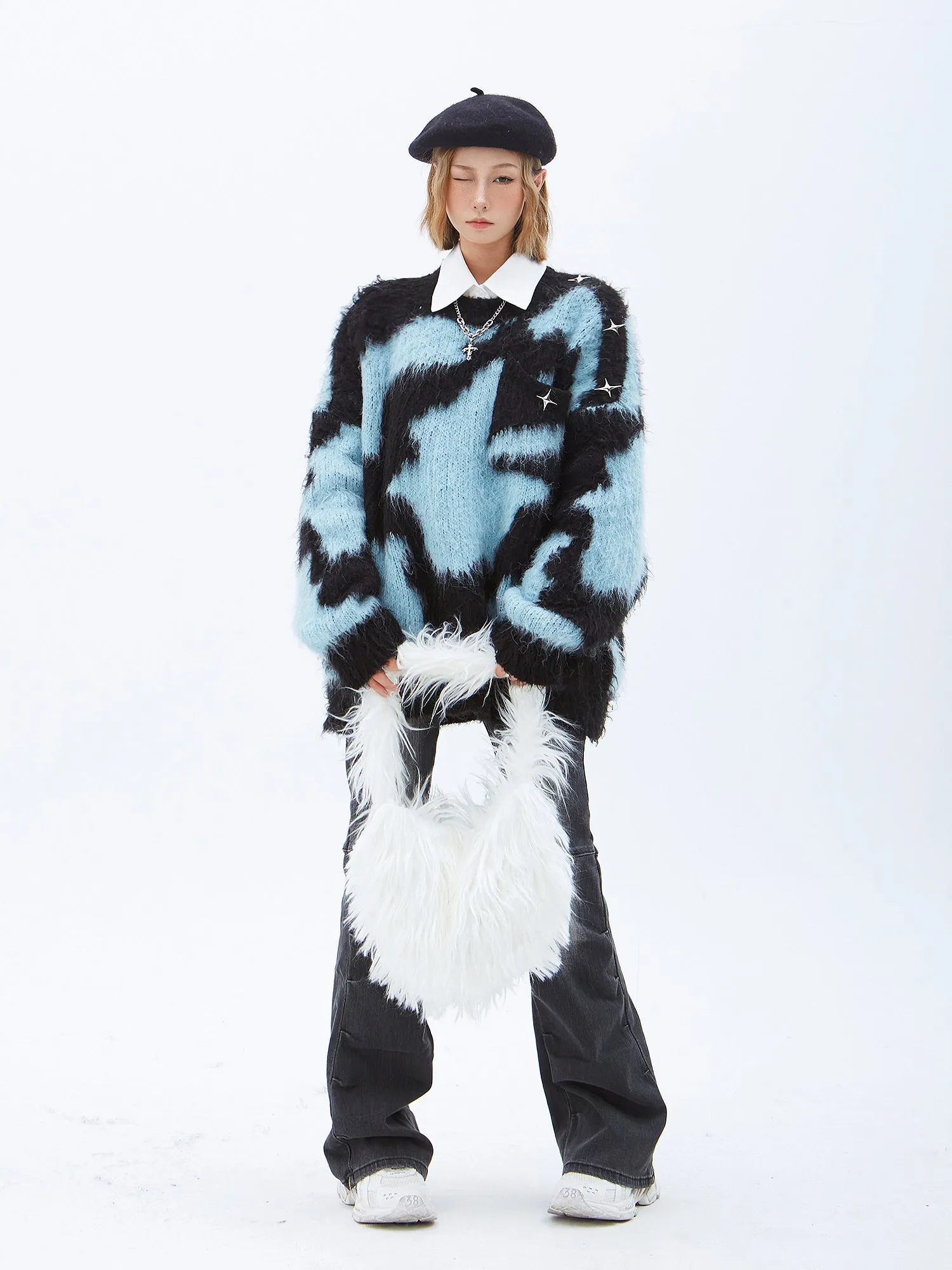 Fuzzy Abstract Oversized Mohair Sweater with Star Accessory