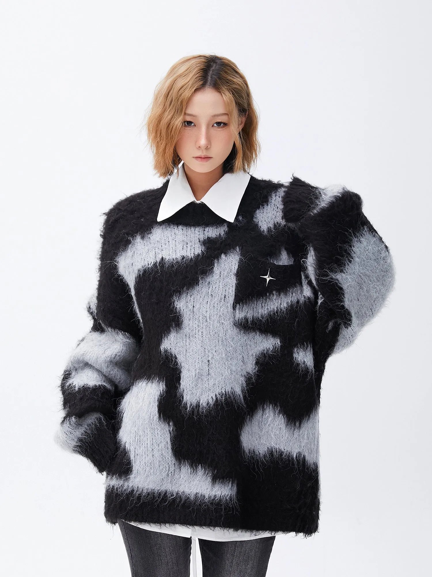 Fuzzy Abstract Oversized Mohair Sweater with Star Accessory