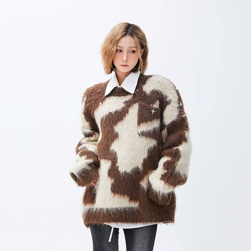 Fuzzy Abstract Oversized Mohair Sweater with Star Accessory