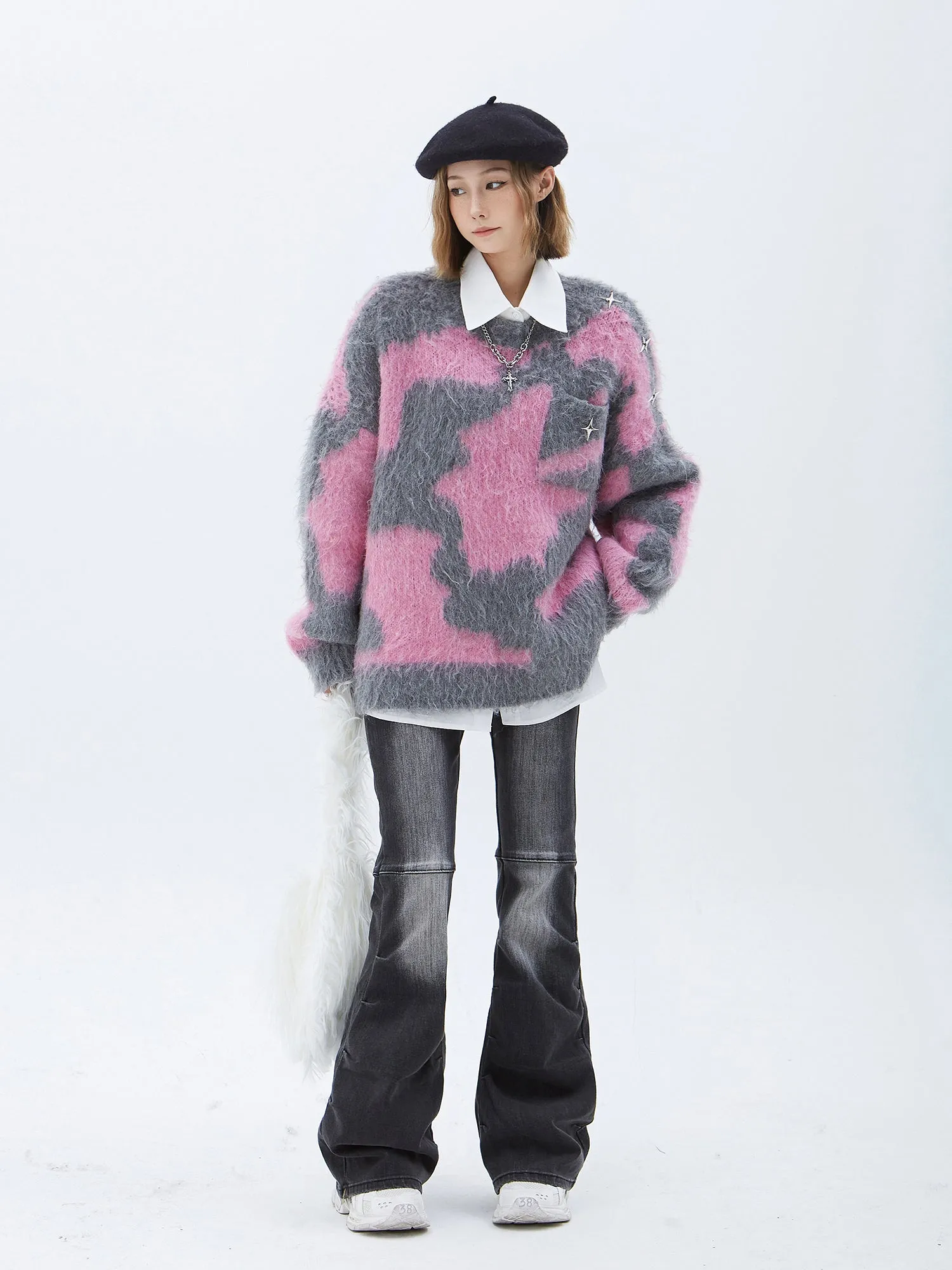 Fuzzy Abstract Oversized Mohair Sweater with Star Accessory