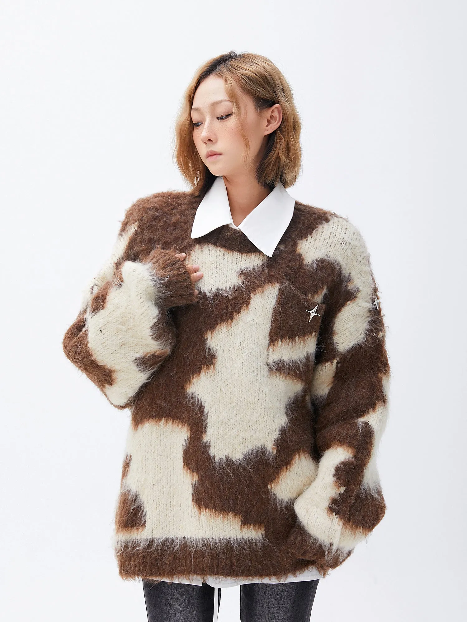 Fuzzy Abstract Oversized Mohair Sweater with Star Accessory