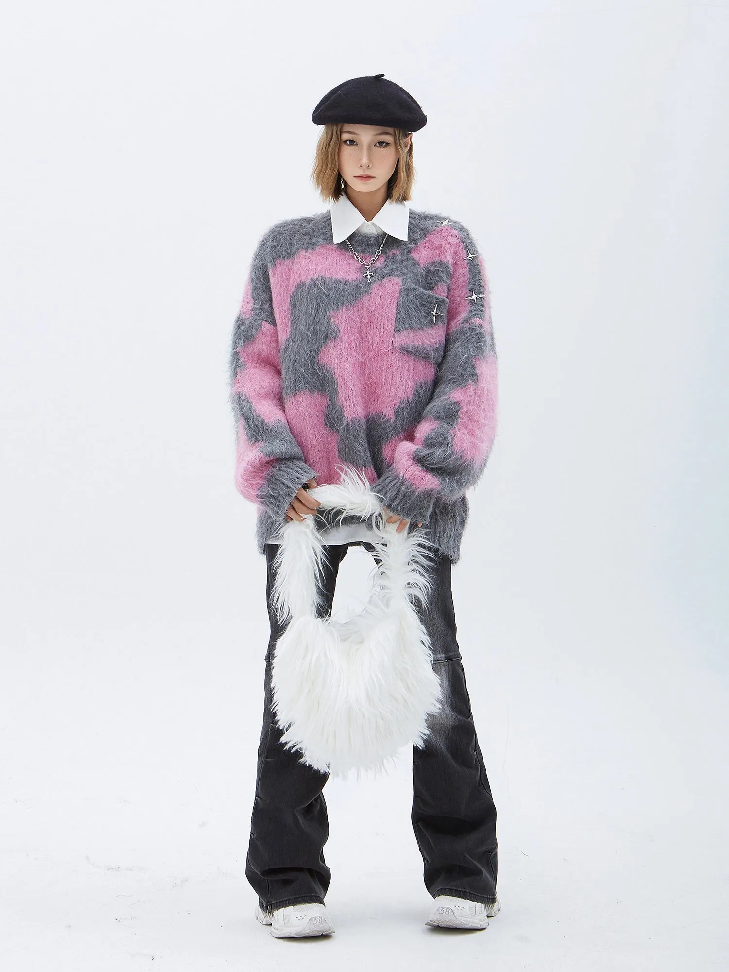 Fuzzy Abstract Oversized Mohair Sweater with Star Accessory