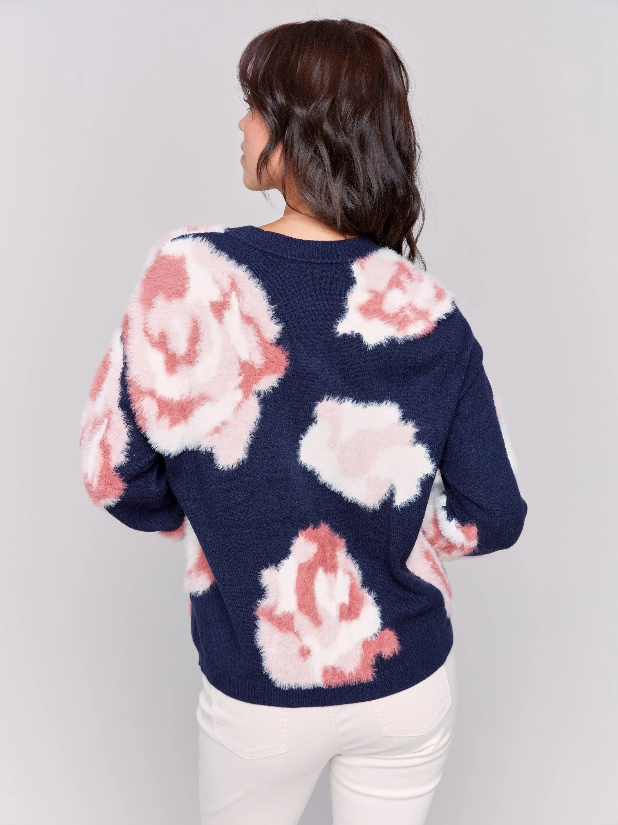 Fuzzy Floral Jacquard Knit Sweater - Navy