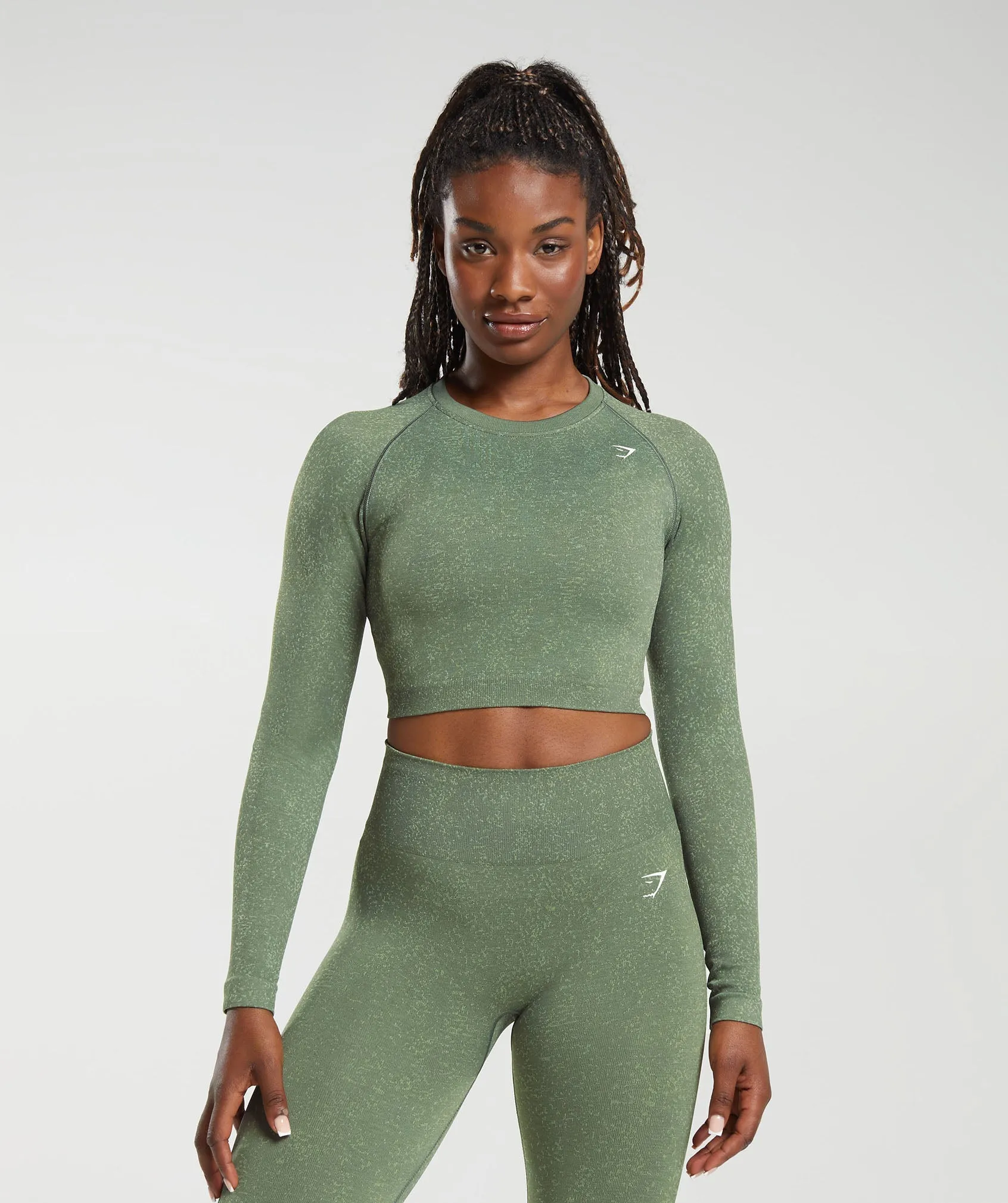 Gymshark Adapt Fleck Seamless Long Sleeve Crop Top - Dusk Green/Light Sage Green