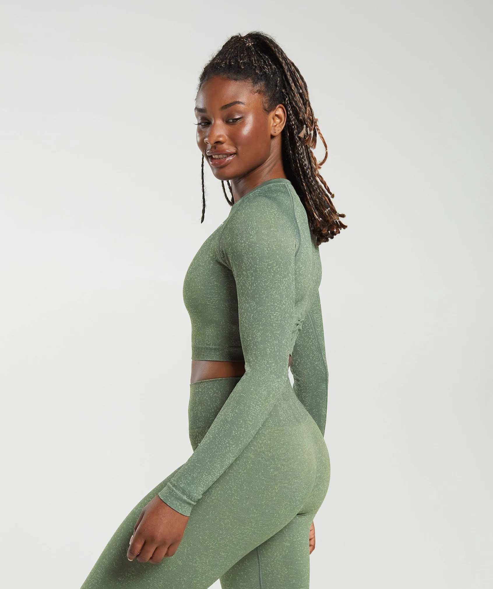 Gymshark Adapt Fleck Seamless Long Sleeve Crop Top - Dusk Green/Light Sage Green