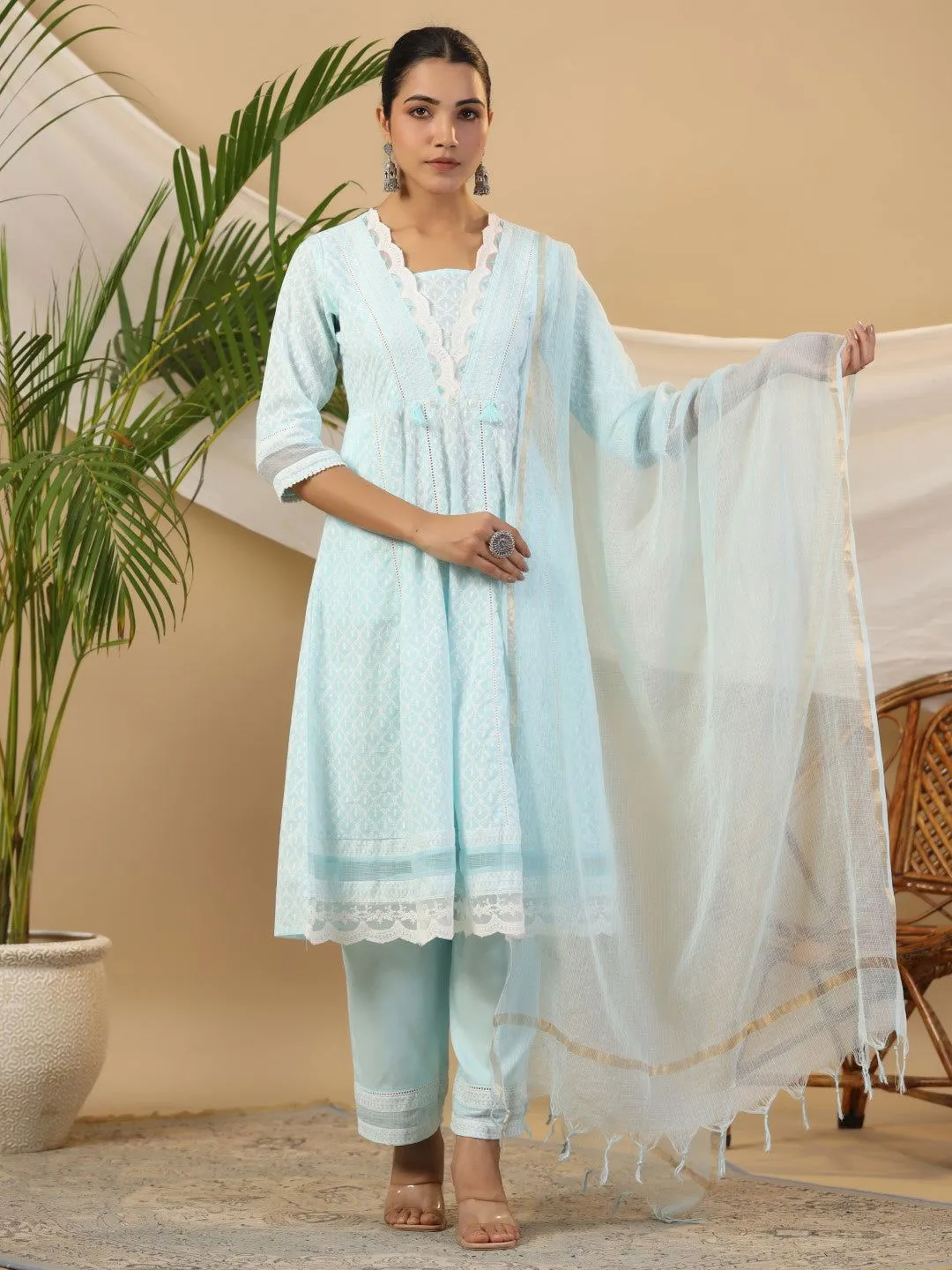 Juniper Ethnic Motif Print & Lacy Pure Cotton Kurta With Pant & Dupatta Set With Tassel Sequin & Buttons