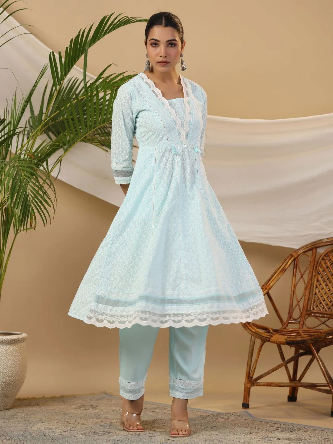 Juniper Ethnic Motif Print & Lacy Pure Cotton Kurta With Pant & Dupatta Set With Tassel Sequin & Buttons